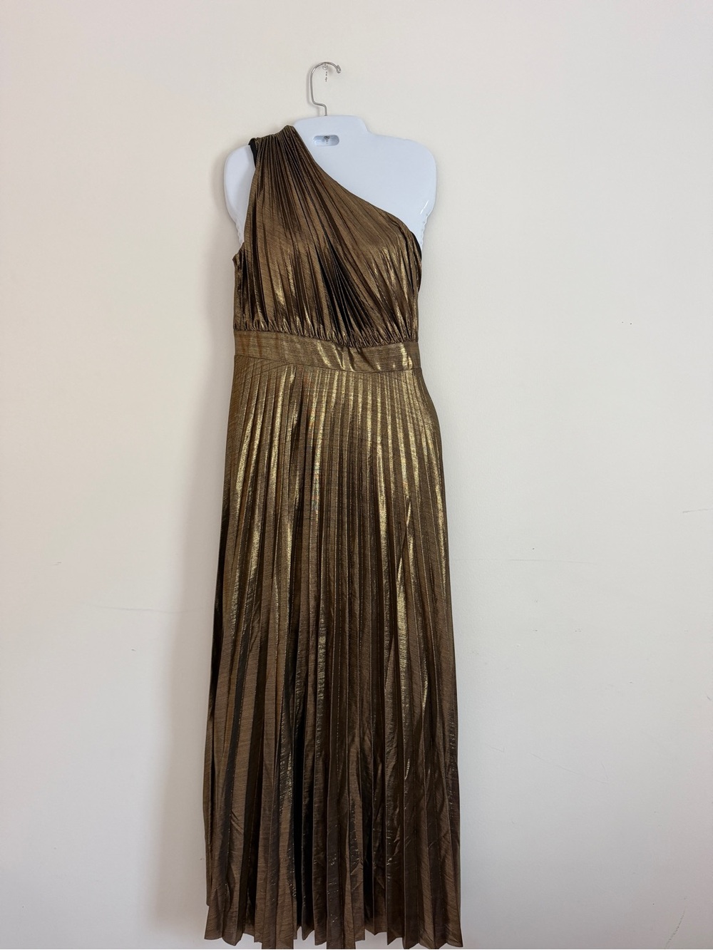One-Shoulder Metallic Gold Pleated Evening Gown